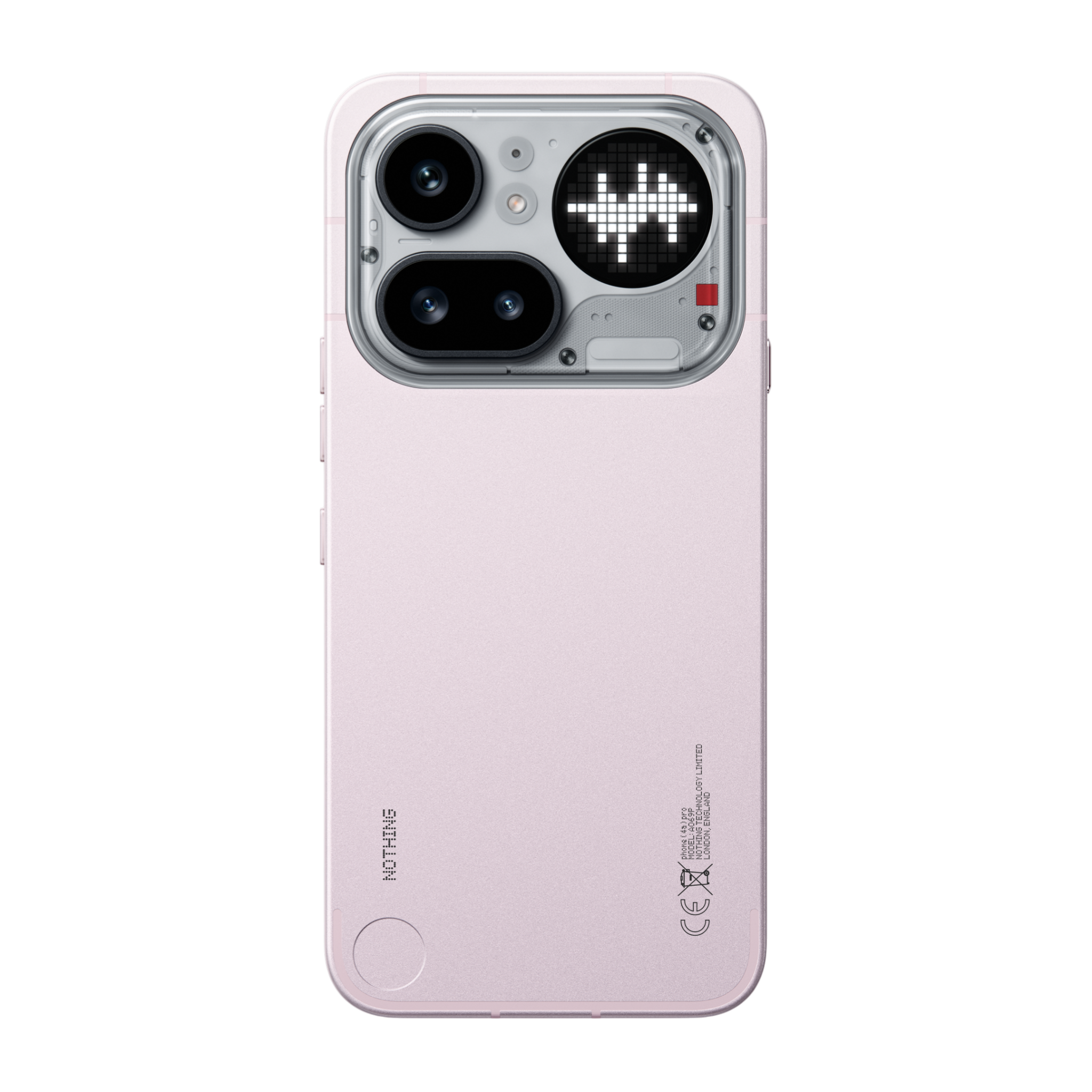 Ein hellrosa Handy mit einer transparenten Rückseite und zwei Kameras.