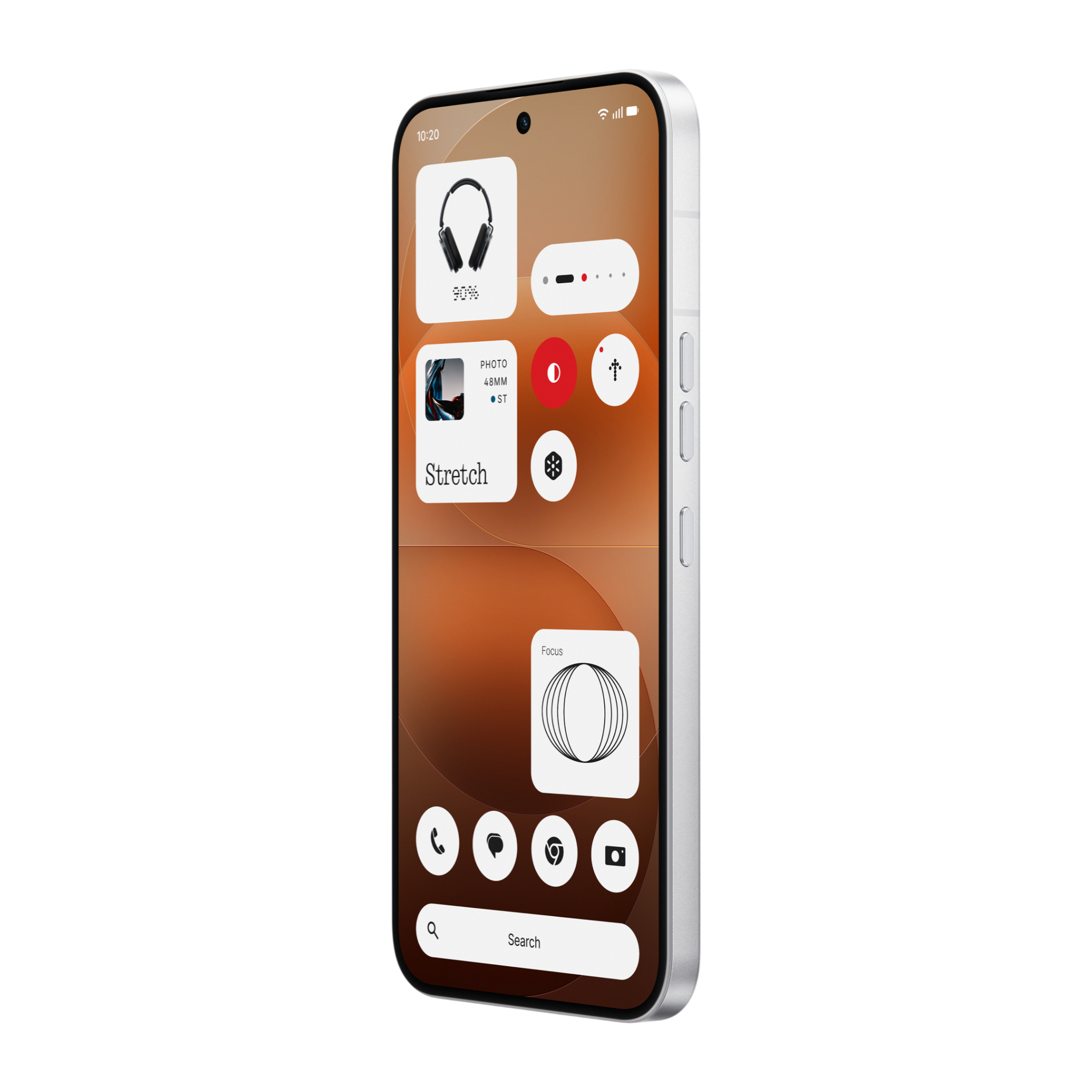 Ein silbernes Smartphone mit einem orangen Hintergrund und Widgets.
