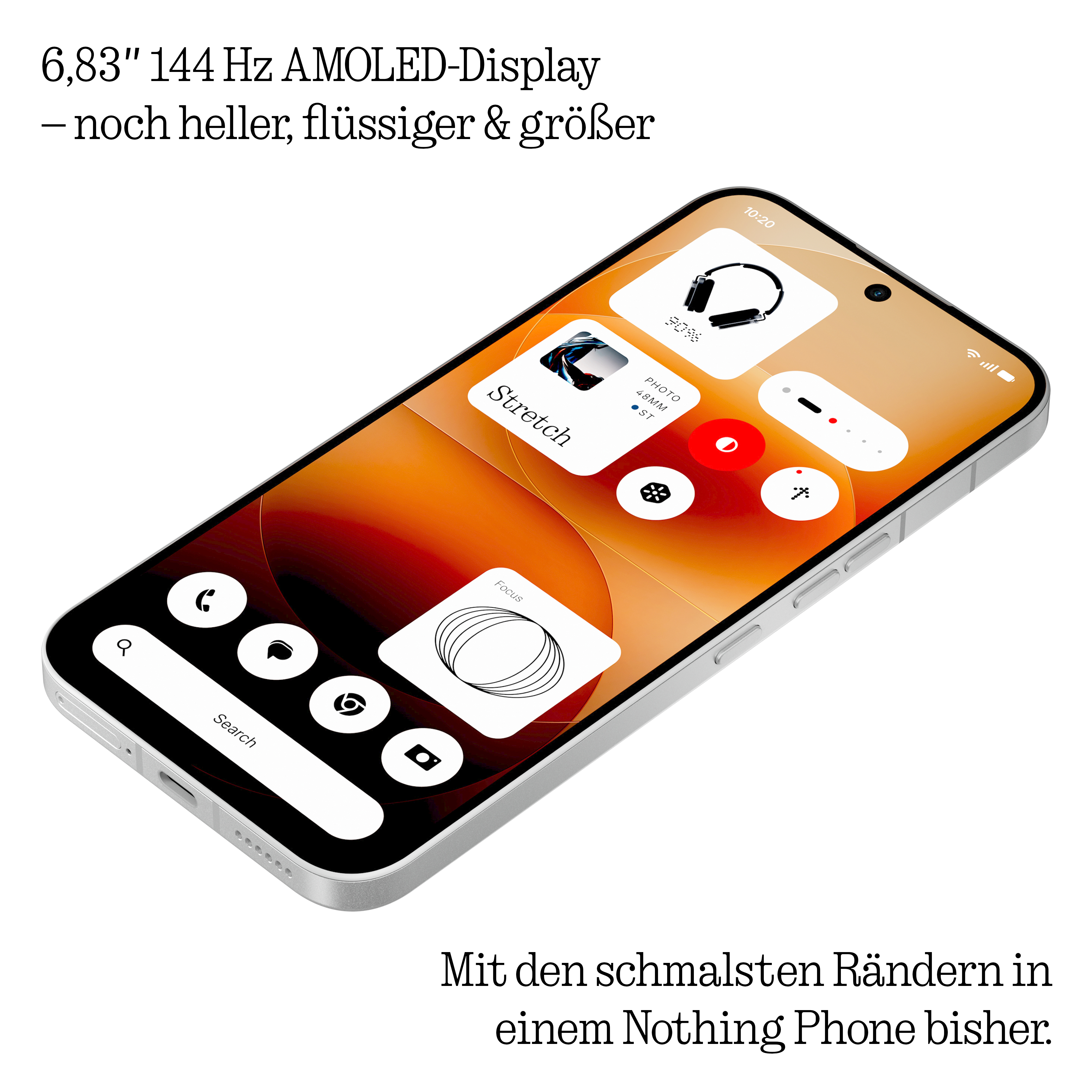 Un Nothing Phone con display AMOLED da 6,83" e cornici sottili.