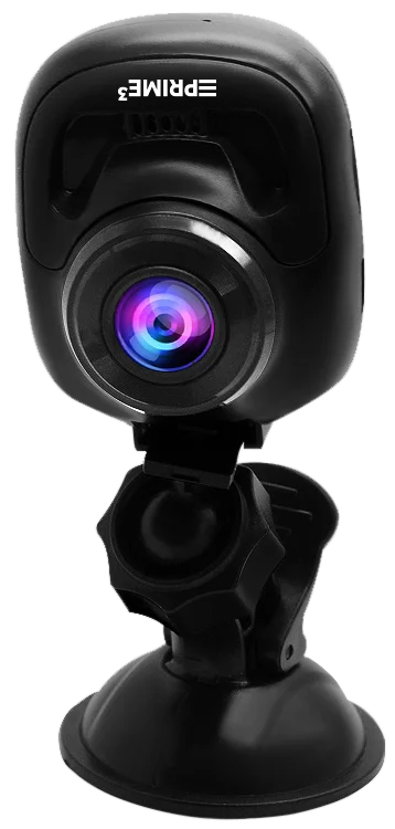 Czarna kamera samochodowa z mocowaniem na przyssawkę i widoczną soczewką.