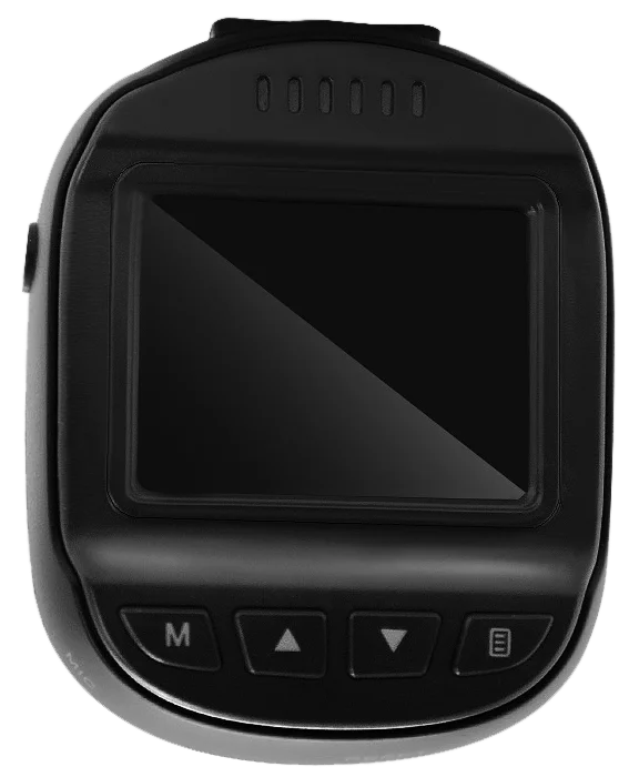 Czarny rejestrator samochodowy z ekranem i przyciskami.