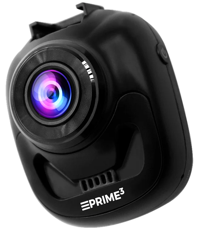 Kompaktowa czarna kamera samochodowa z obiektywem i logo Eprime3.