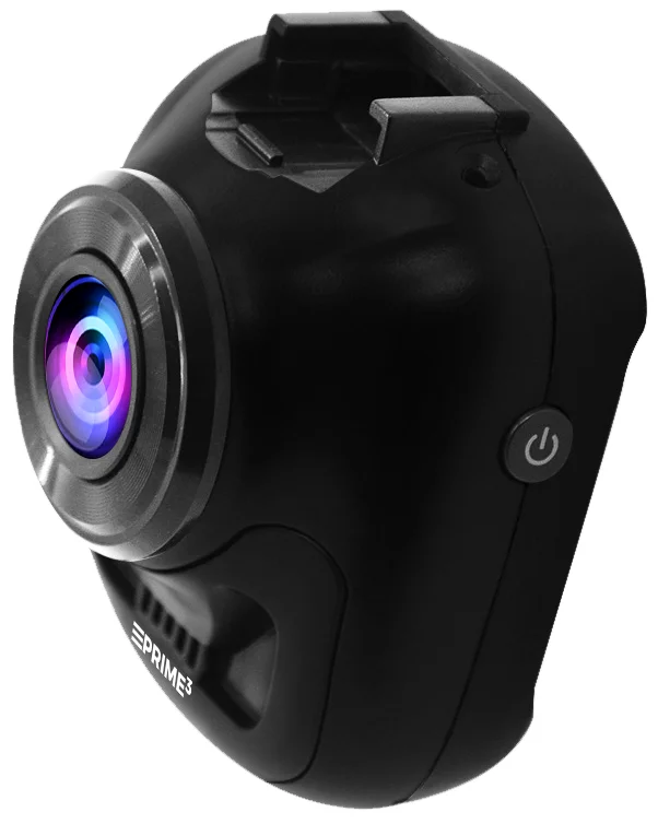 Czarna kamera samochodowa z obiektywem i przyciskiem zasilania.