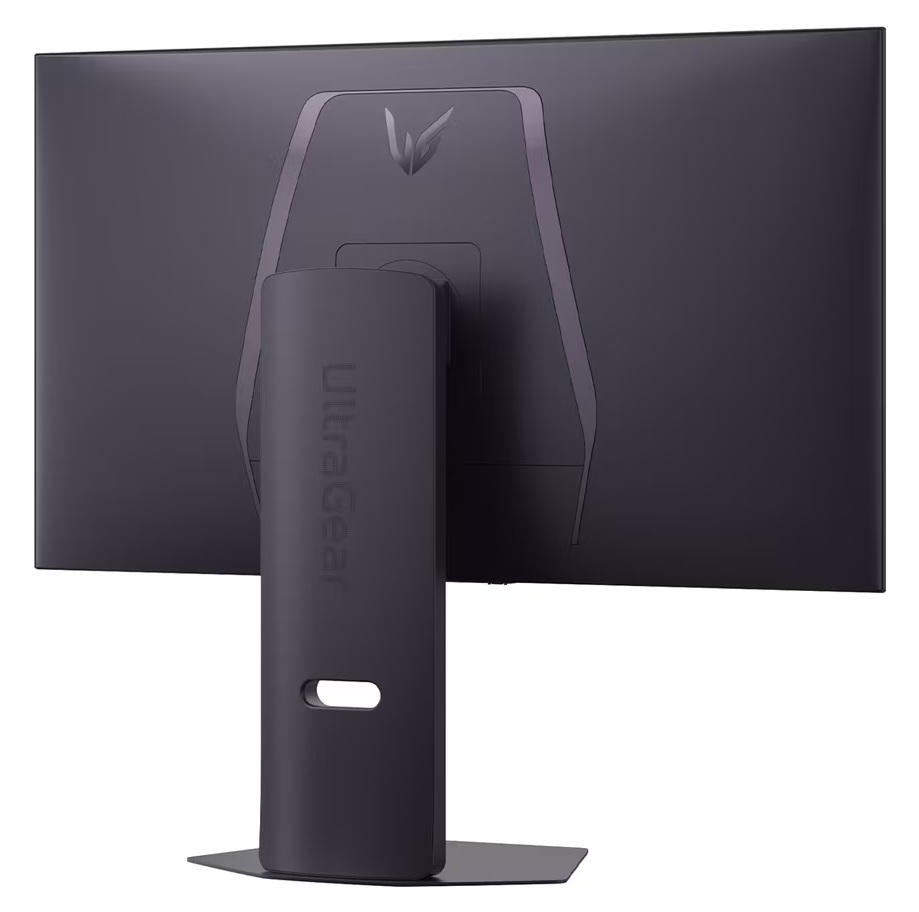 Tył ciemnego monitora z cienką podstawką i logo.