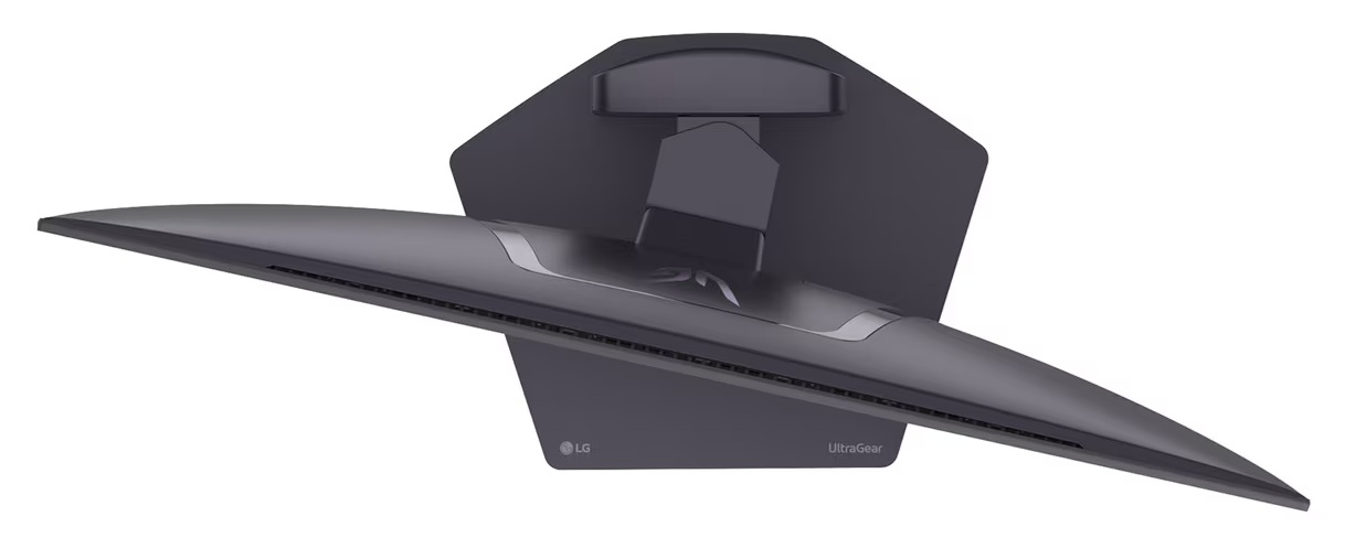 Ciemnoszary monitor LG UltraGear z pochylanym stojakiem, widok z góry.