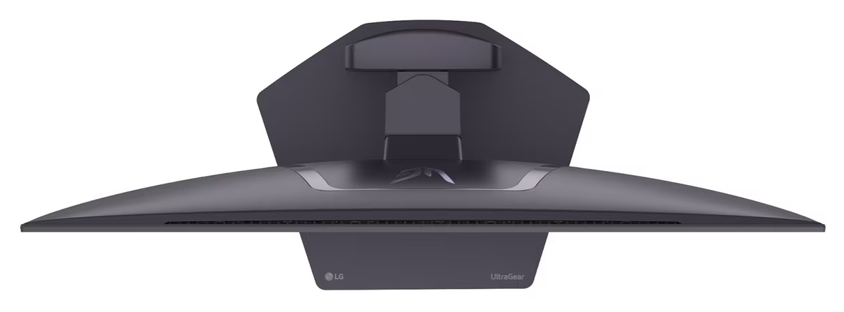 Widok z góry ciemnego monitora LG UltraGear z regulowanym stojakiem.