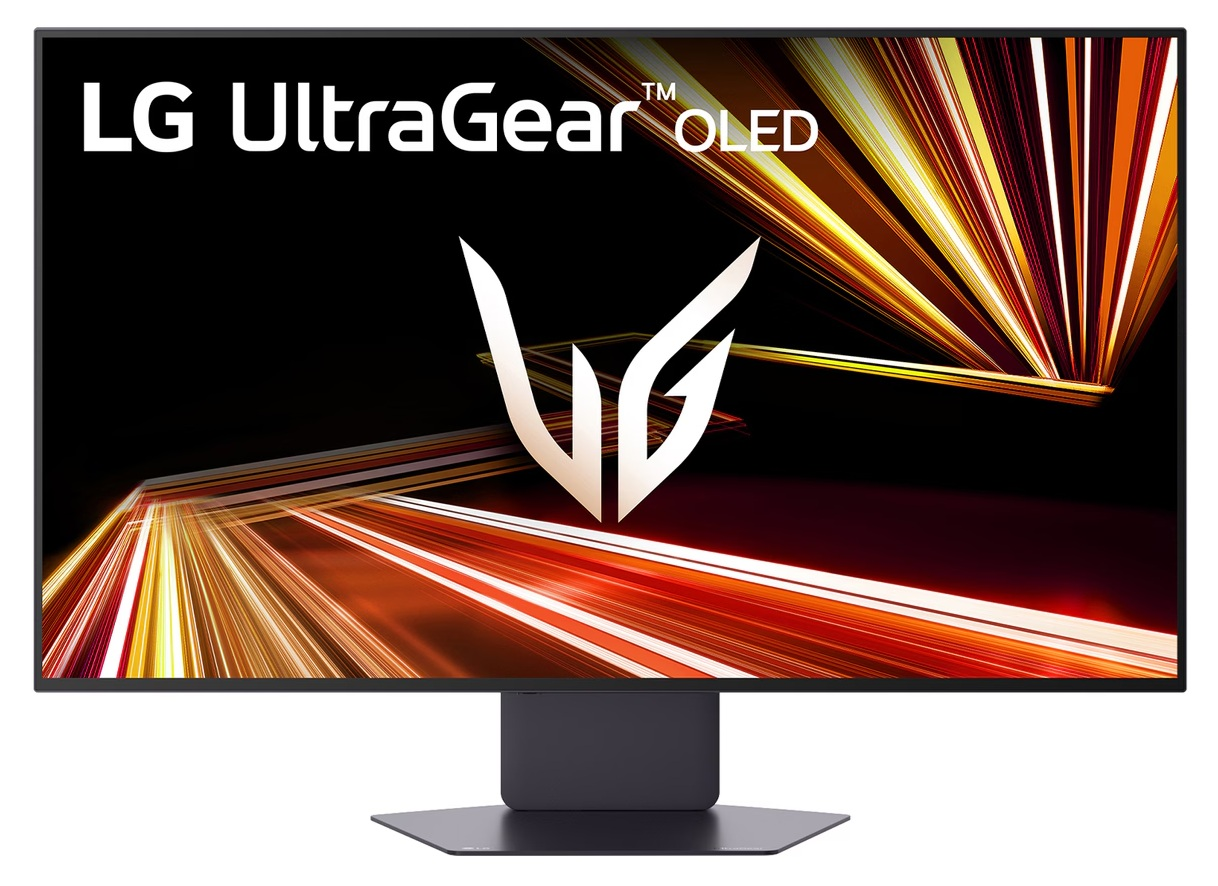 Monitor LG UltraGear OLED z abstrakcyjnymi ognistymi liniami i białym logo VG.