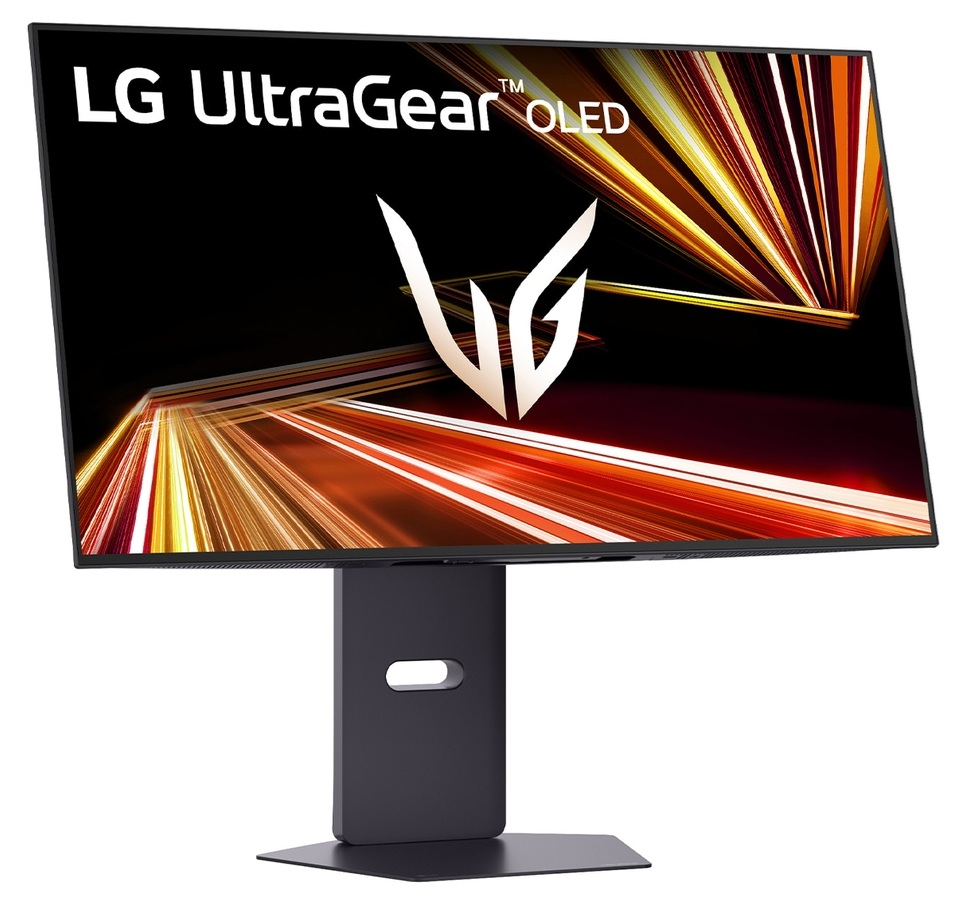 Monitor LG UltraGear OLED wyświetlający abstrakcyjny, ogisty wzór.