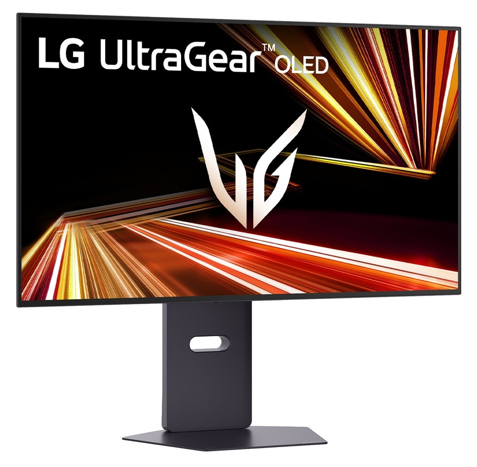 Monitor LG UltraGear OLED z dynamicznym tłem i nowoczesną podstawą.