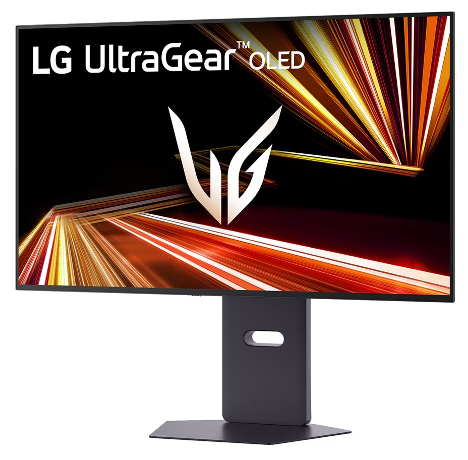 Monitor LG UltraGear OLED wyświetla żywe, abstrakcyjne tło z logo LG.
