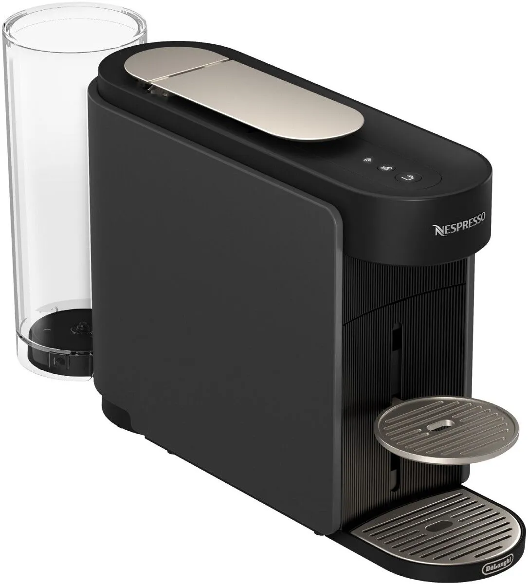 Czarna ekspres do kawy Nespresso z przezroczystym zbiornikiem na wodę obok.