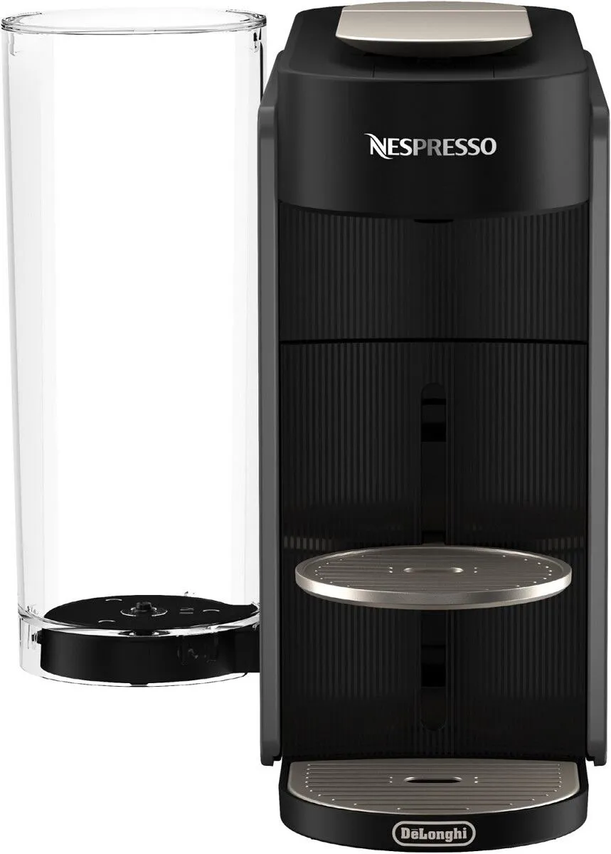 Czarny ekspres do kawy Nespresso z przezroczystym zbiornikiem na wodę obok.