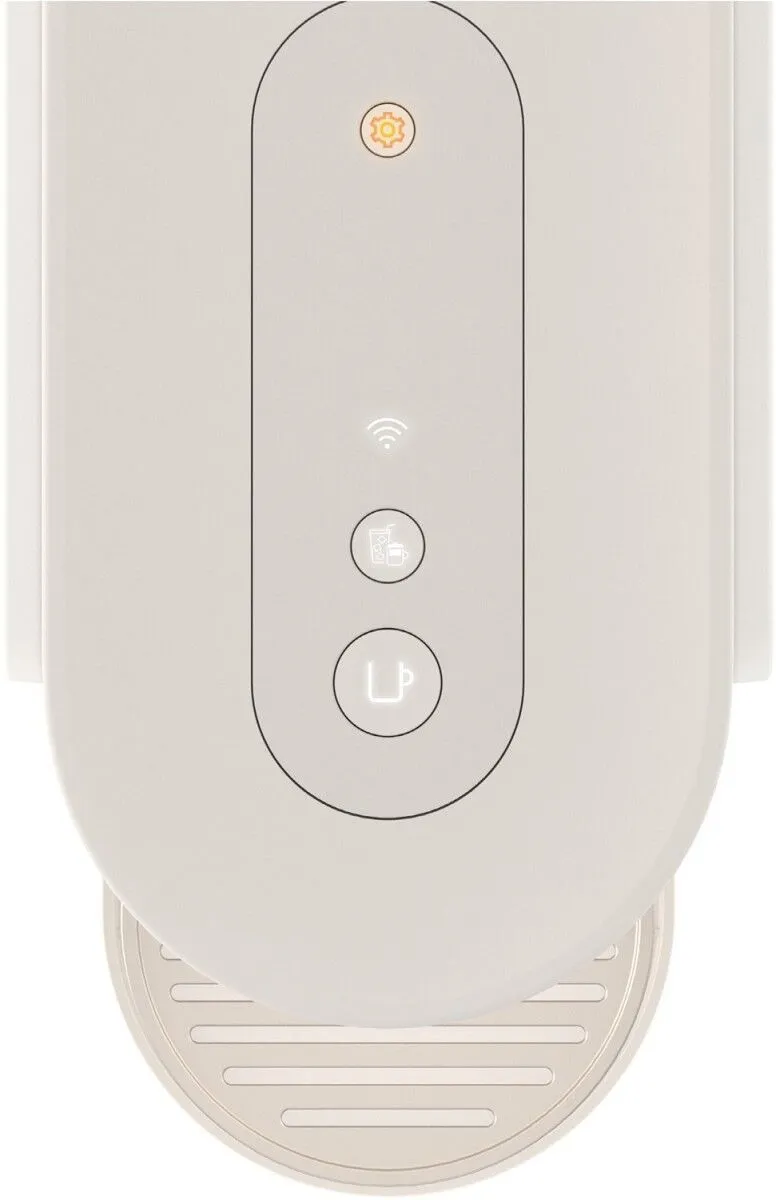 Biała maszyna do kawy z panelem sterowania: ikony zębatki, Wi-Fi, filiżanki i kubka.