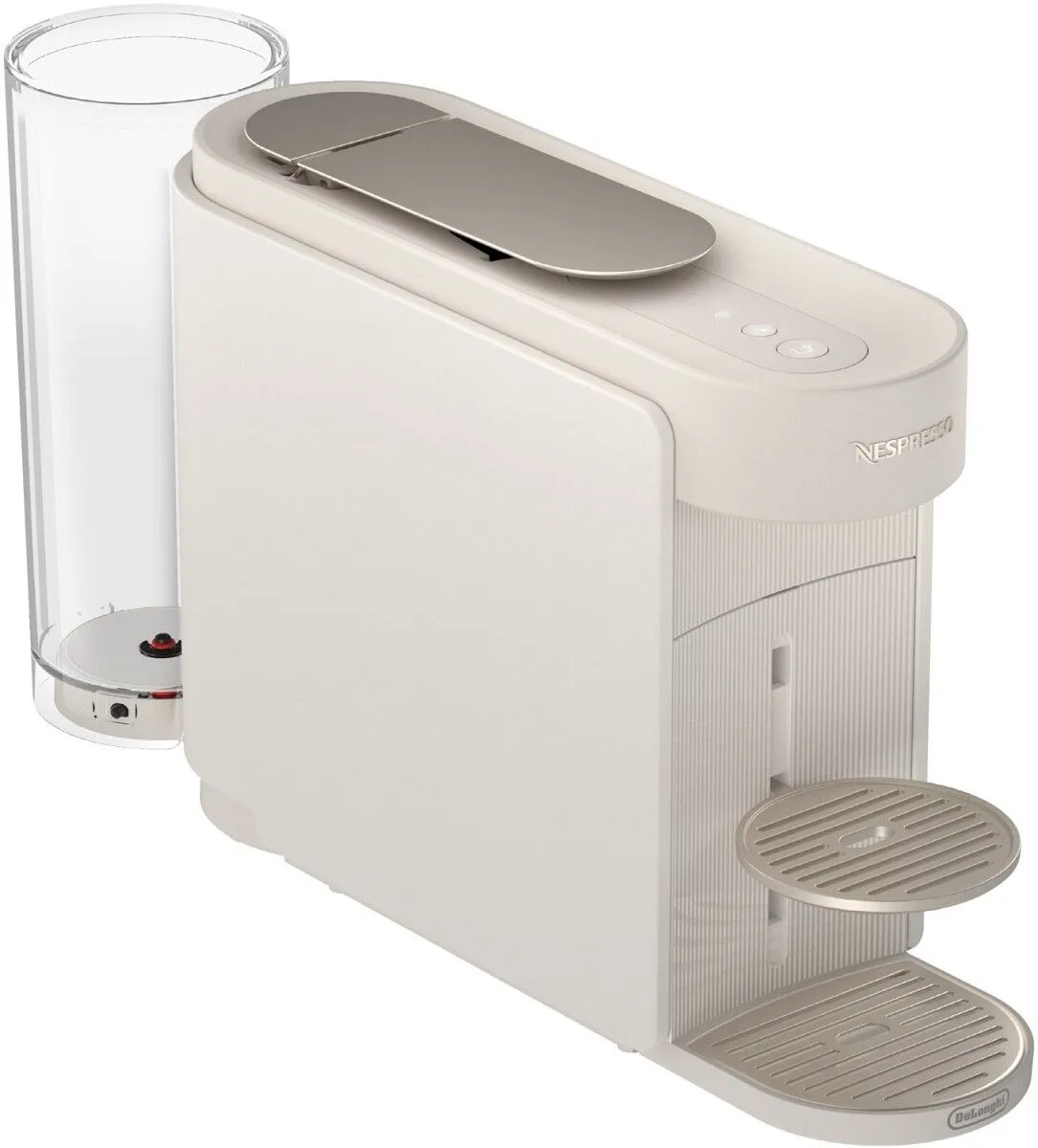 Biały ekspres do kawy Nespresso z przezroczystym zbiornikiem na wodę.