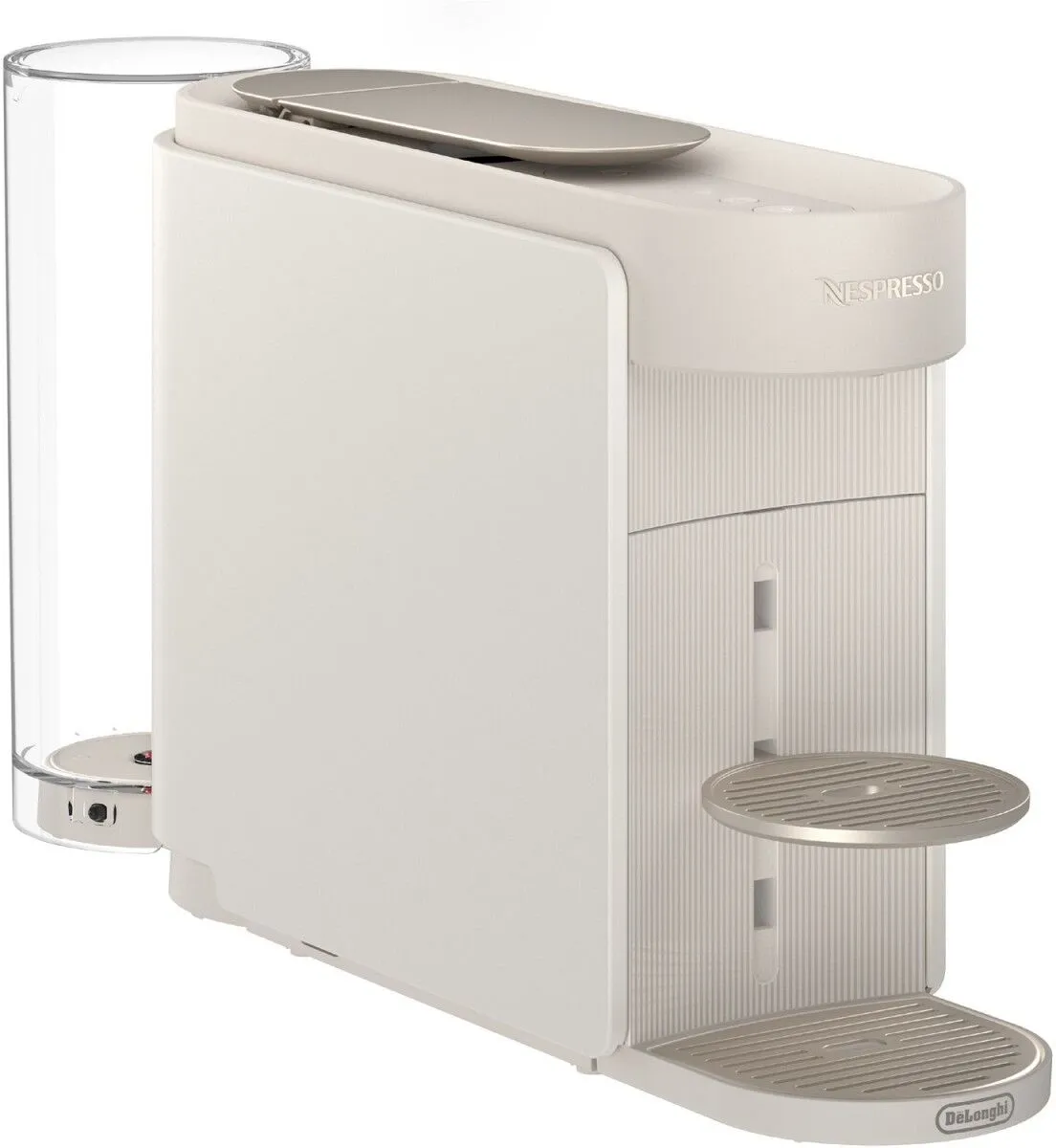 Biała ekspres do kawy Nespresso z przezroczystym zbiornikiem na wodę.