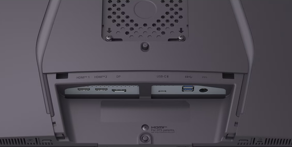 Widok z tyłu urządzenia pokazujący porty: HDMI 1, HDMI 2, DP, USB-C, SS.