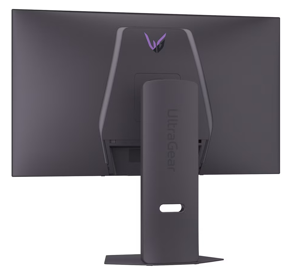 Tył ciemnego monitora z fioletowym logo i napisem.