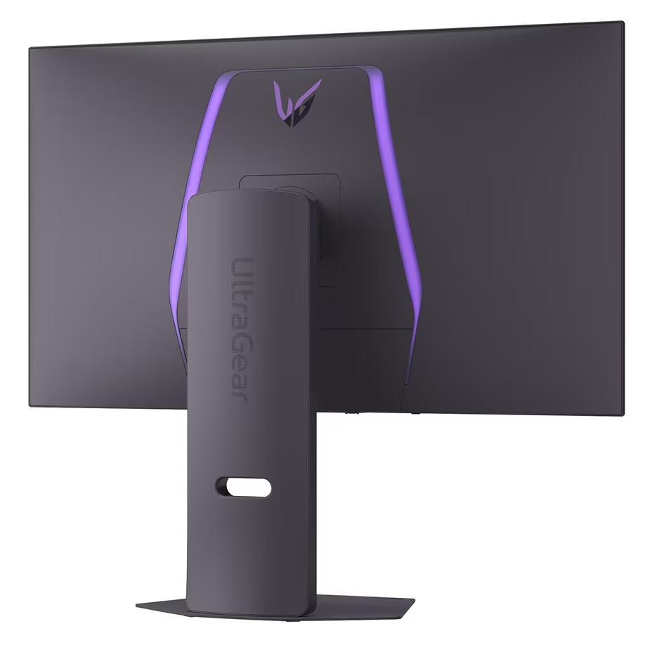 Tył monitora z fioletowymi akcentami i logo 'UltraGear'.