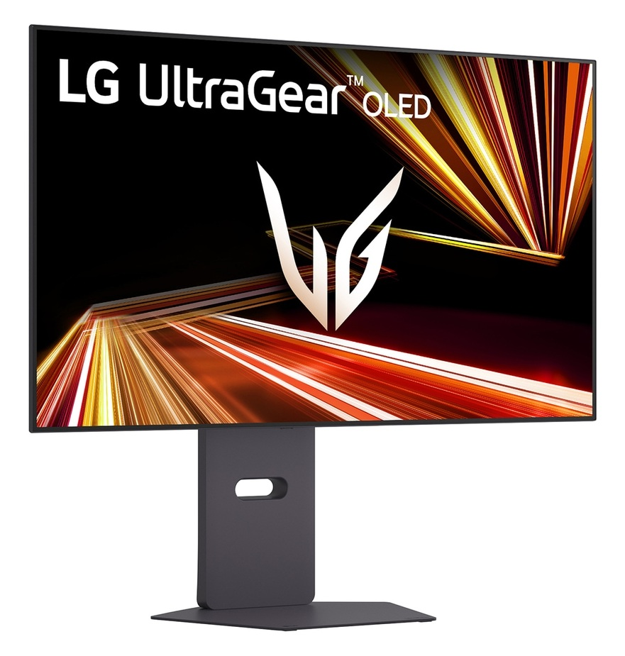 Monitor LG UltraGear OLED z stylizowanym logo i abstrakcyjnym tłem pomarańczowo-żółtym.