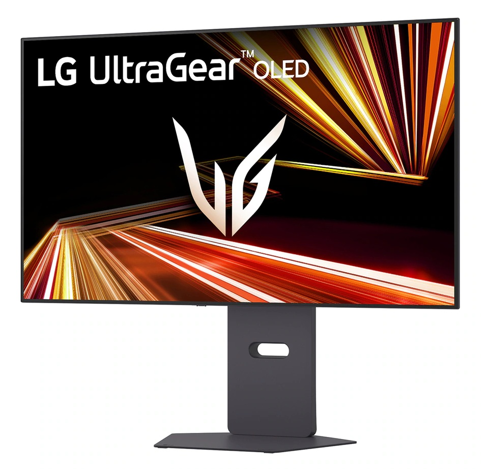 Monitor LG UltraGear OLED z białym, stylizowanym logo LG na czarnym ekranie.
