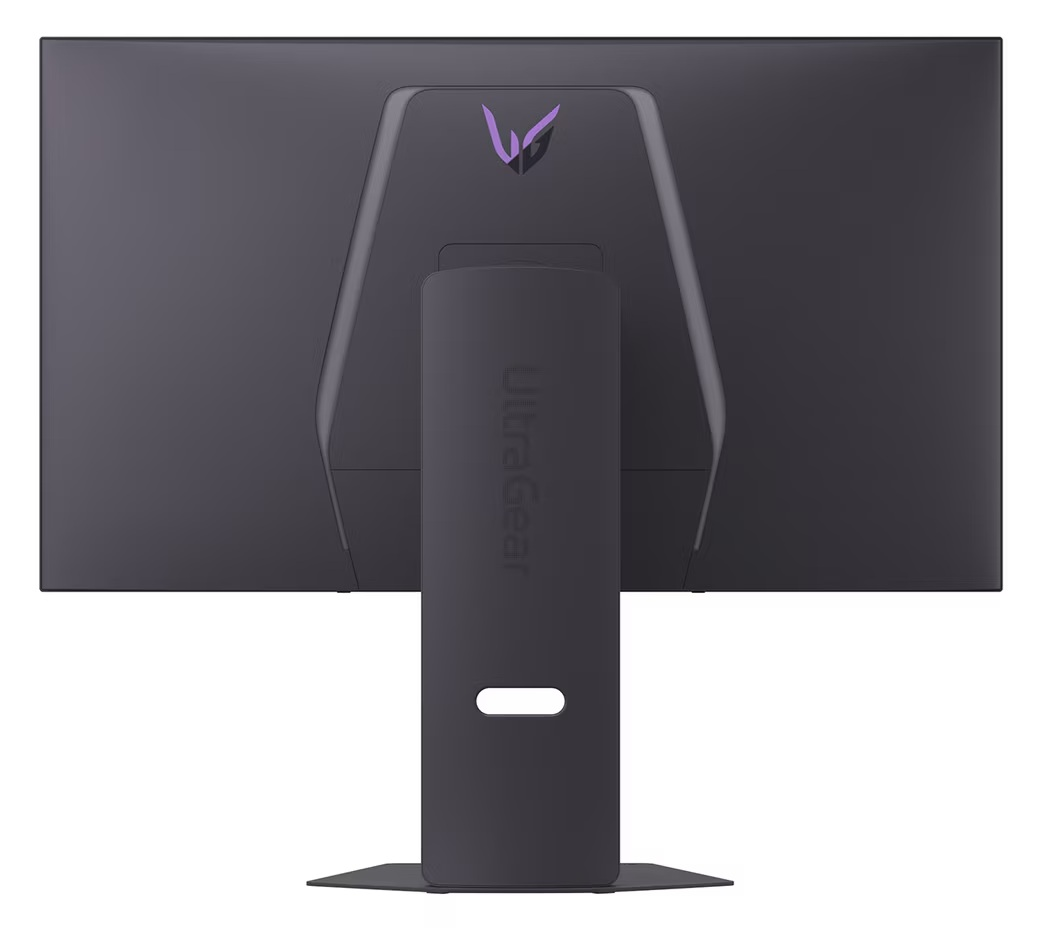 Tył ciemnego monitora z fioletowym logo i pionowym stojakiem.