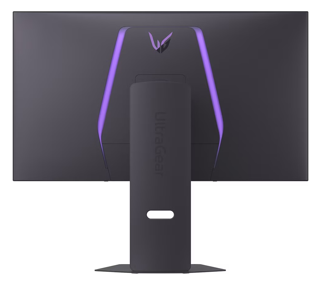 Tył czarnego monitora z fioletowym podświetleniem i logo LG.