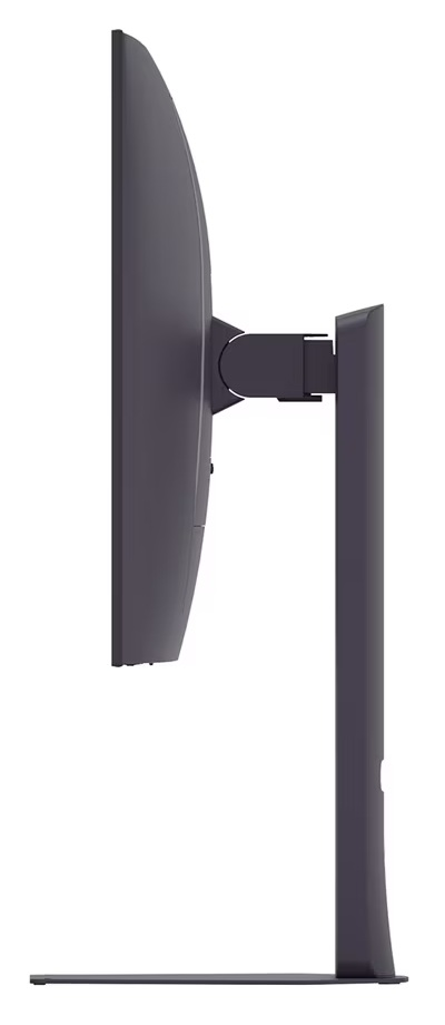 Szary monitor komputerowy w widoku z profilu na białym tle.