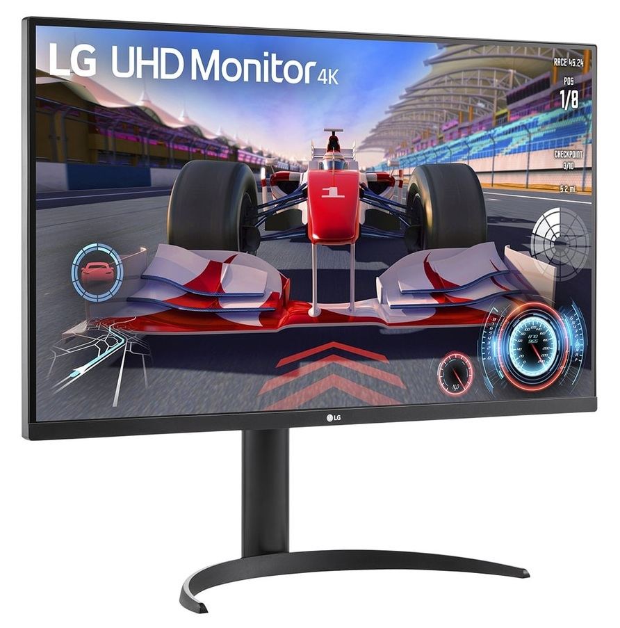 Monitor LG 4K wyświetla grę wyścigową z bolidem F1 na torze.
