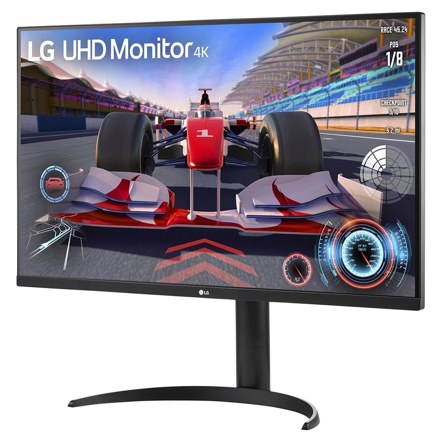 Monitor LG UHD 4K wyświetla grę wyścigową z bolidem F1 na torze.