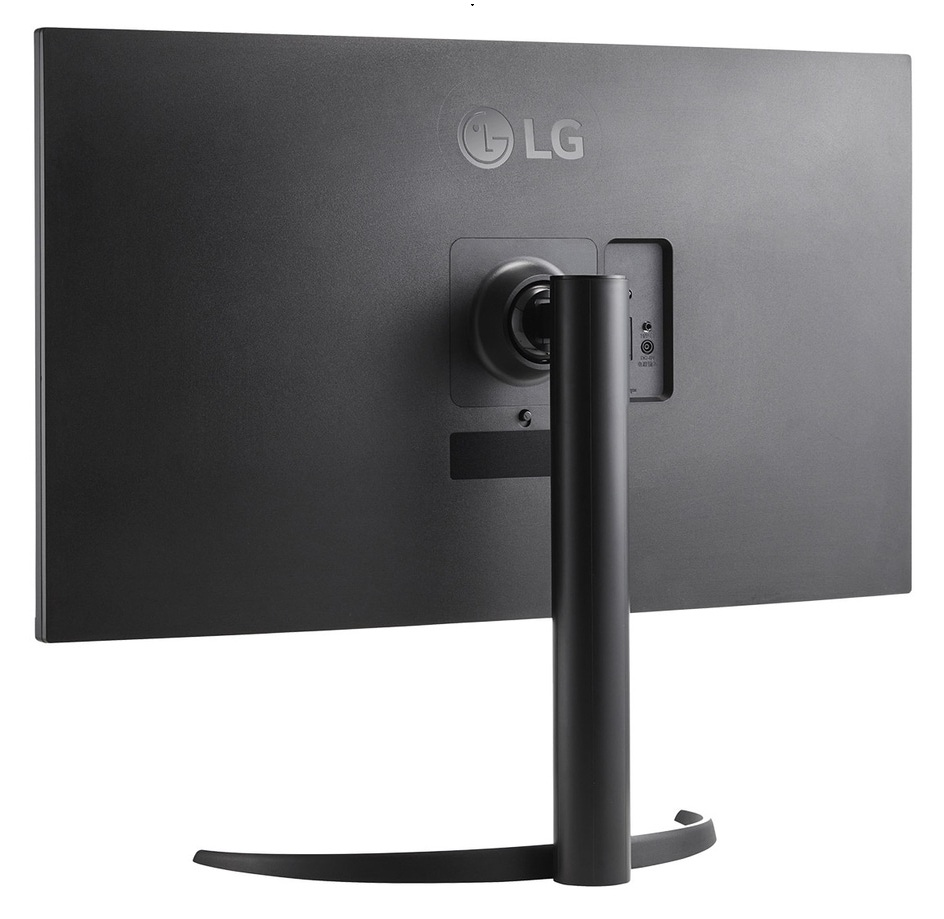 Tył czarnego monitora LG ze stojakiem i portami.