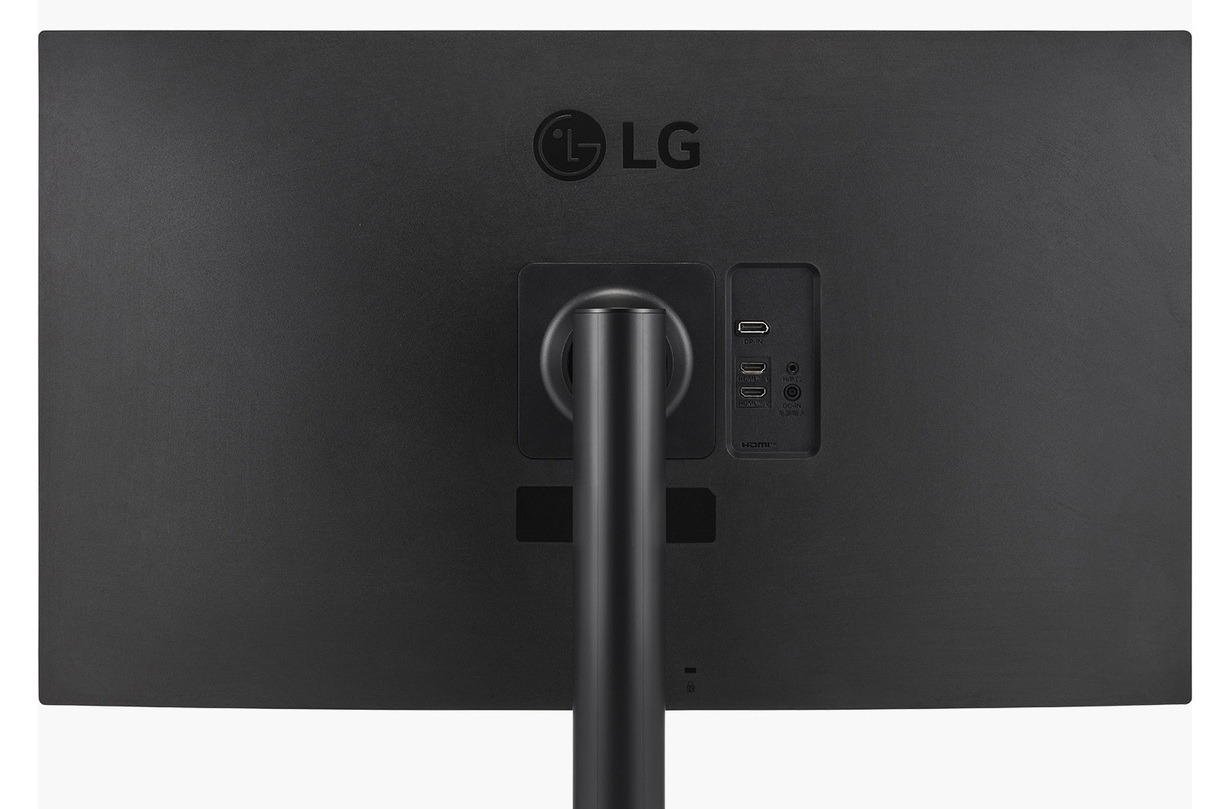 Tył czarnego monitora LG z portami i mocowaniem stojaka.