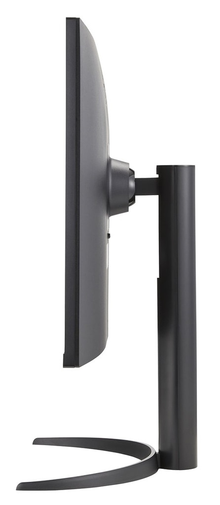 Czarny monitor w widoku z profilu, z okrągłą podstawą i stojakiem.