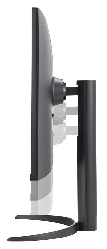 Czarny tył monitora z regulowanym stojakiem i zakrzywioną podstawą na białym tle.