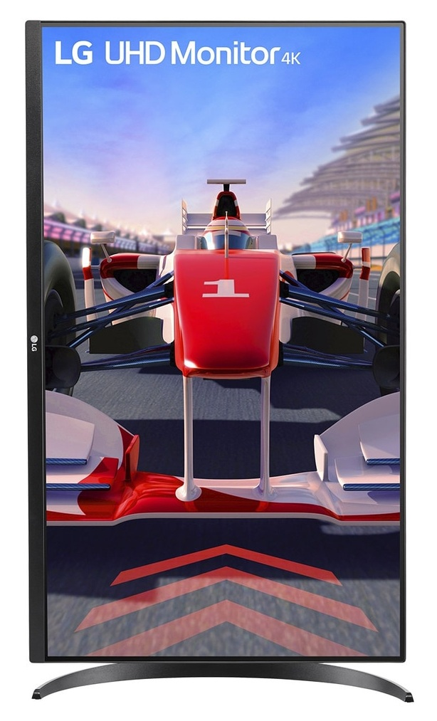 Monitor LG UHD 4K prezentuje czerwony samochód wyścigowy z numerem 1.