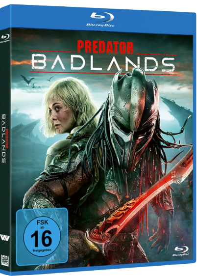 Predator und eine Frau mit blonden Haaren vor einer Berglandschaft, Blu-ray-Hülle.