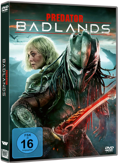 DVD-Cover: Frau mit blonden Haaren neben einem Predator mit rotem Schwert.