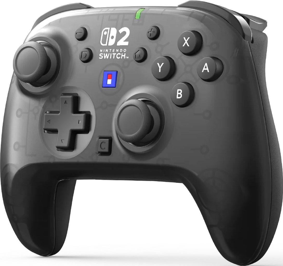Un controller Nintendo Switch nero trasparente con pulsanti argentati e design a circuito stilizzato.