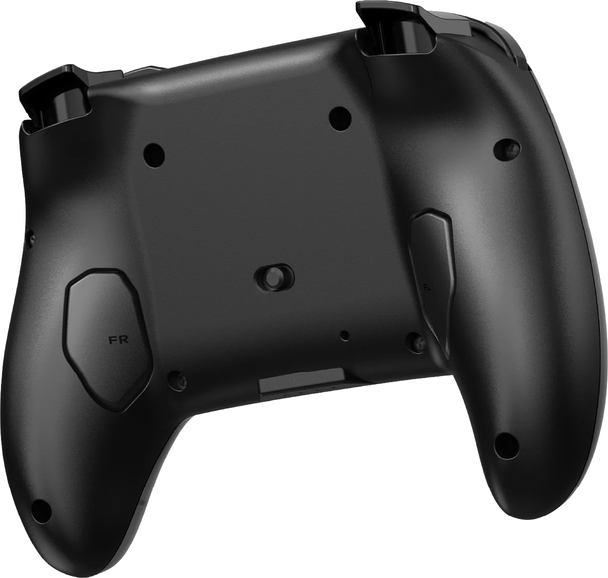 Vista posteriore di un controller nero con pulsanti e marchi.