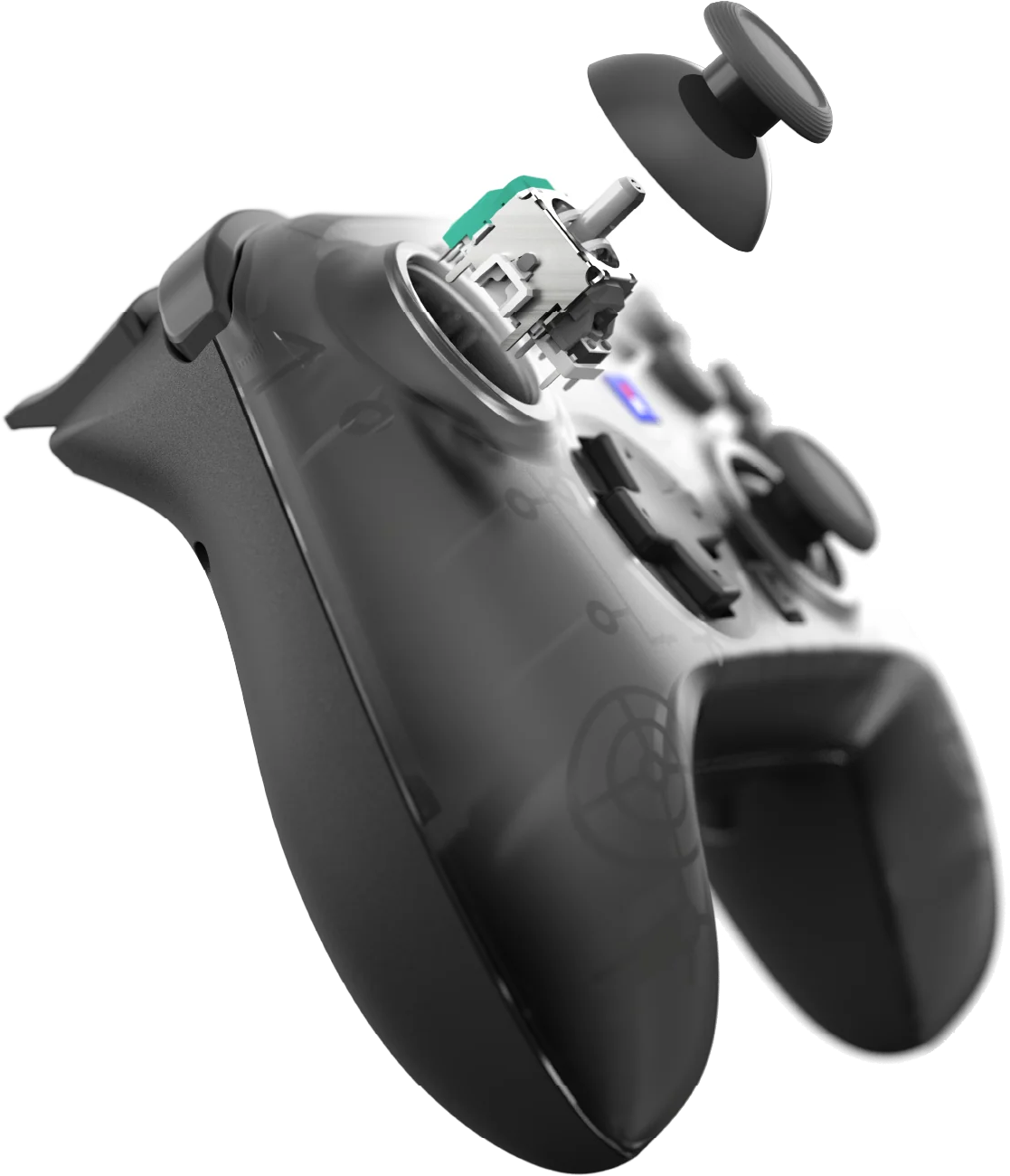 Vista esplosa di un controller per videogiochi nero, che mostra i componenti interni.