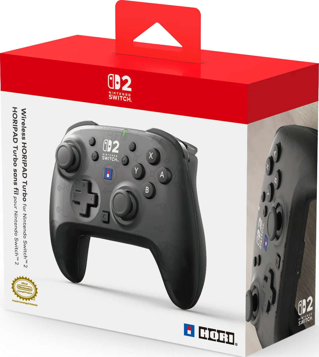 Scatola con controller nero Nintendo Switch e logo Hori.