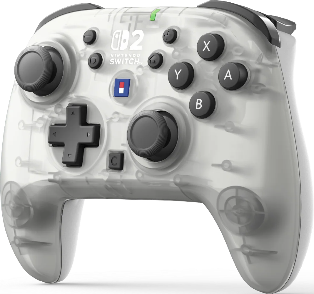 Un controller Pro Nintendo Switch bianco trasparente con pulsanti neri.