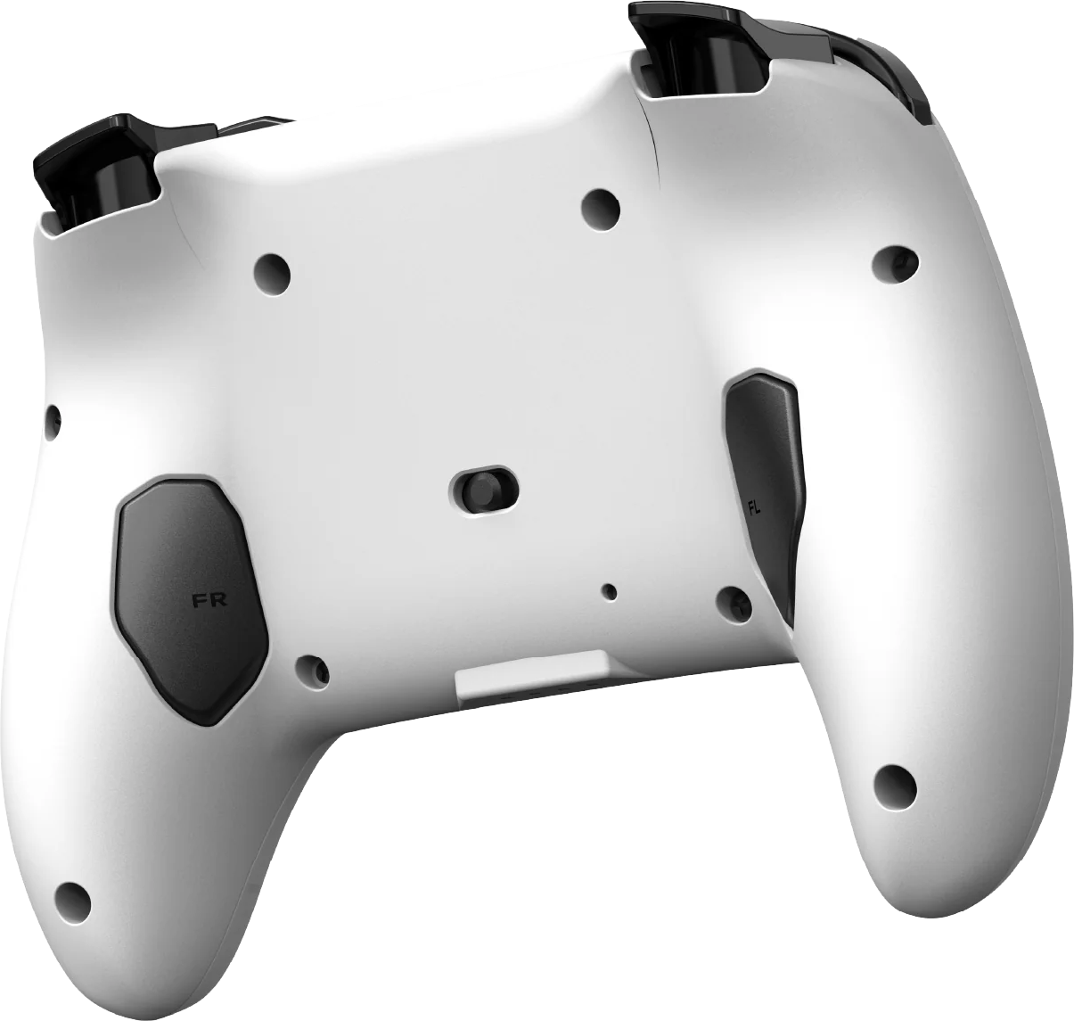 Controller di gioco bianco visto da dietro con pulsanti neri e dettagli.