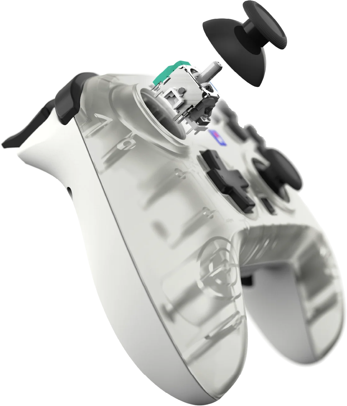 Controller trasparente con meccanica esposta, joystick e pulsanti neri.