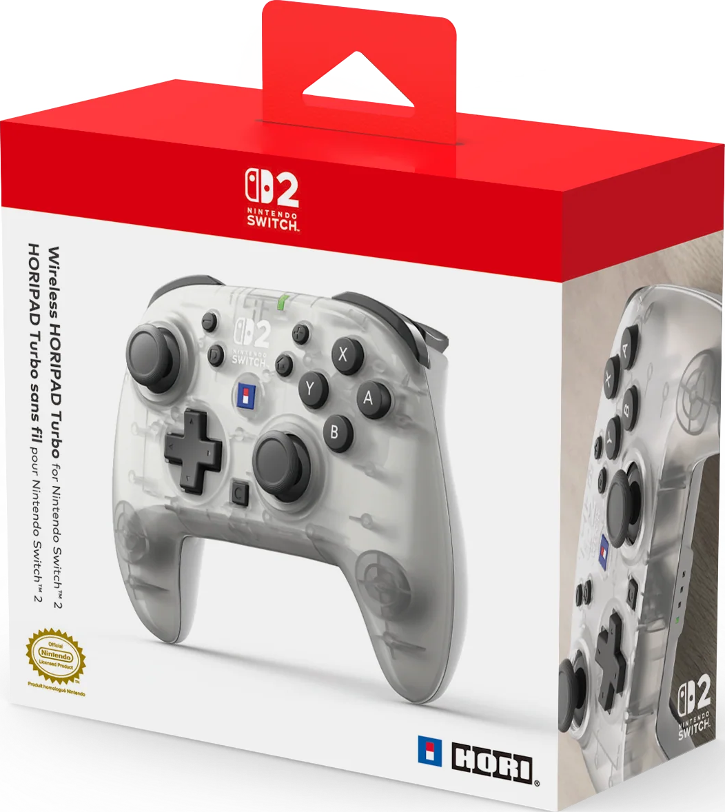 Controller trasparente Nintendo Switch su scatola rossa.
