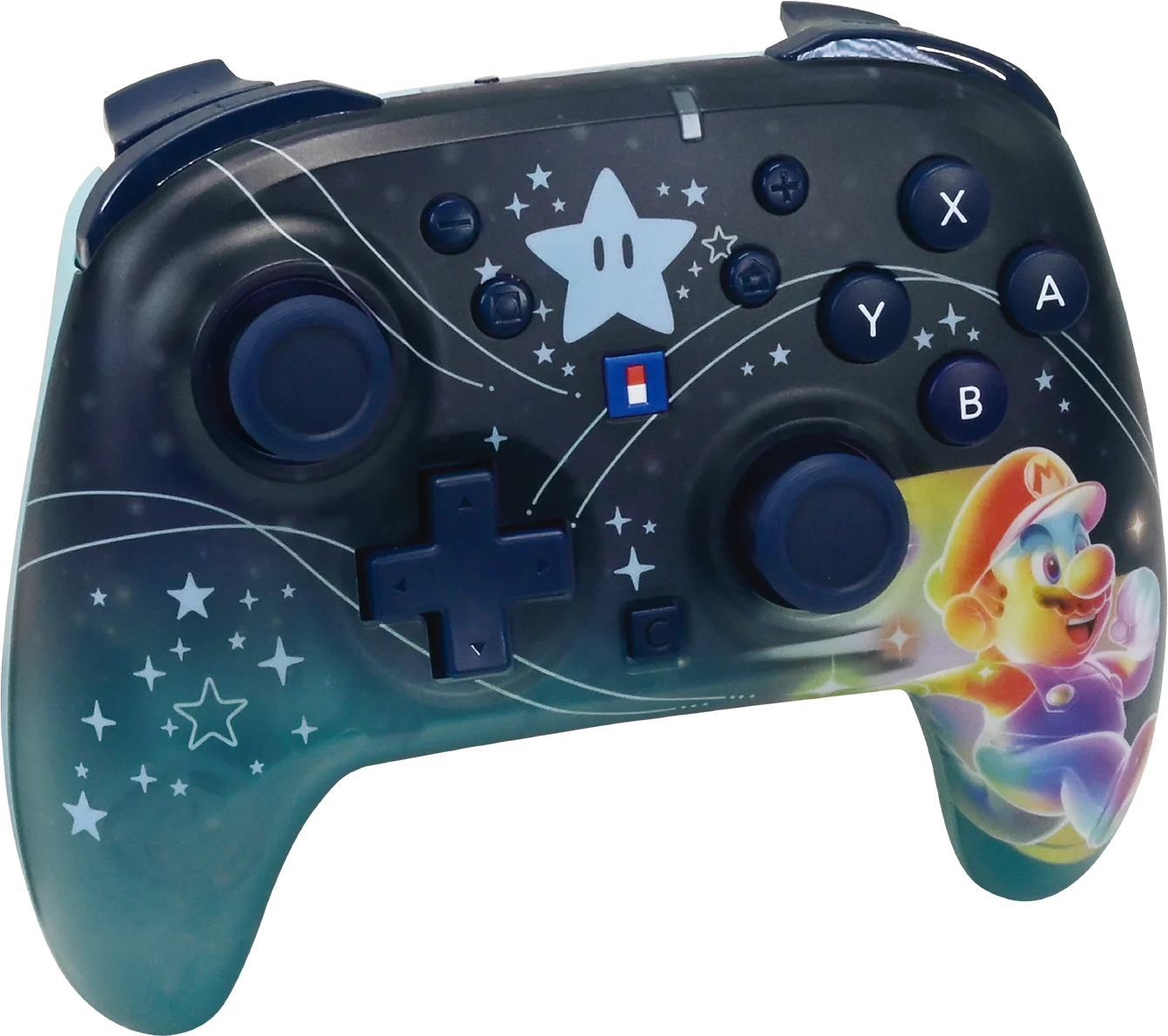 Un controller blu Nintendo con stelle e grafica di Mario.
