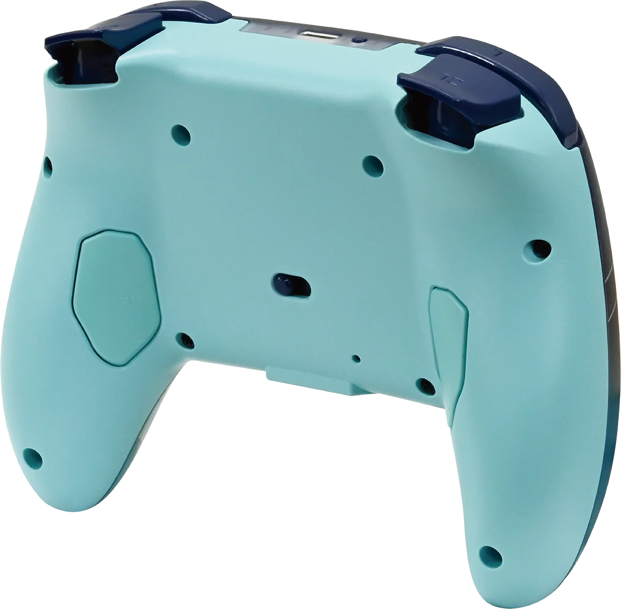 Retro di un controller Nintendo Switch Pro blu chiaro e blu scuro.
