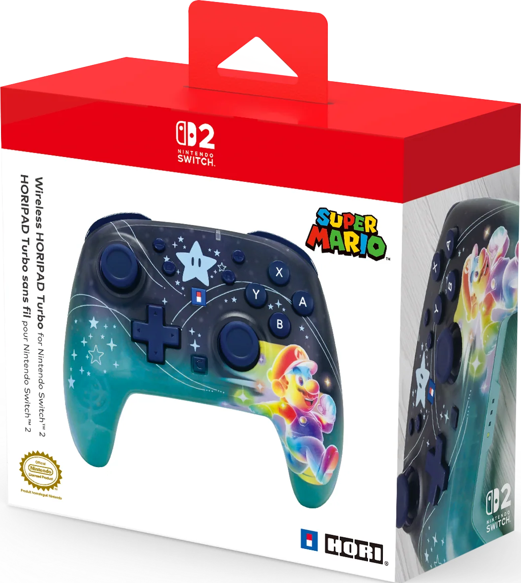 Controller HORIPAD Turbo Nintendo Switch con Mario sulla confezione.