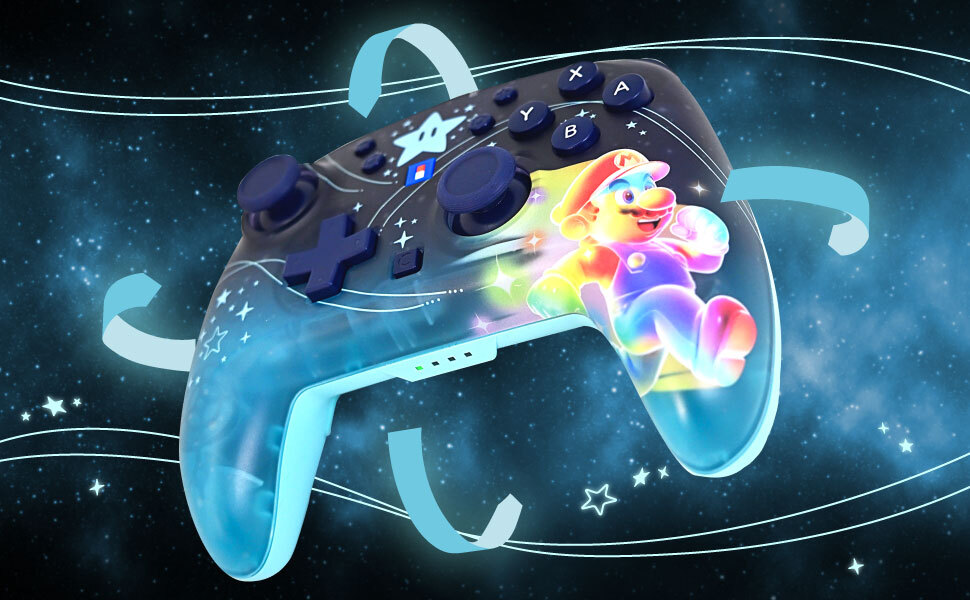 Un controller Nintendo con Mario su sfondo stellato.