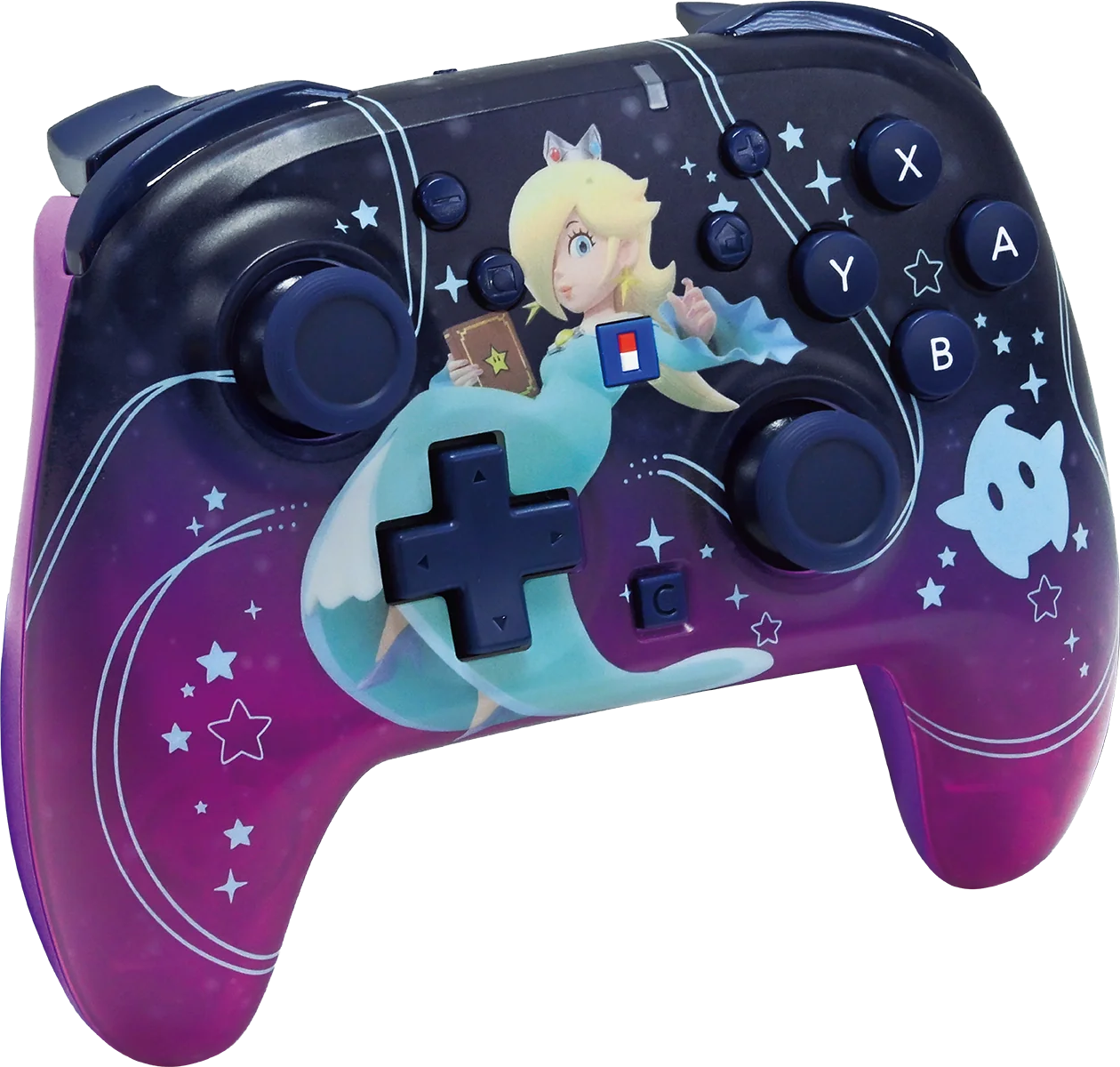 Un controller viola e blu con Rosalina e stelle, utilizzato per i videogiochi.