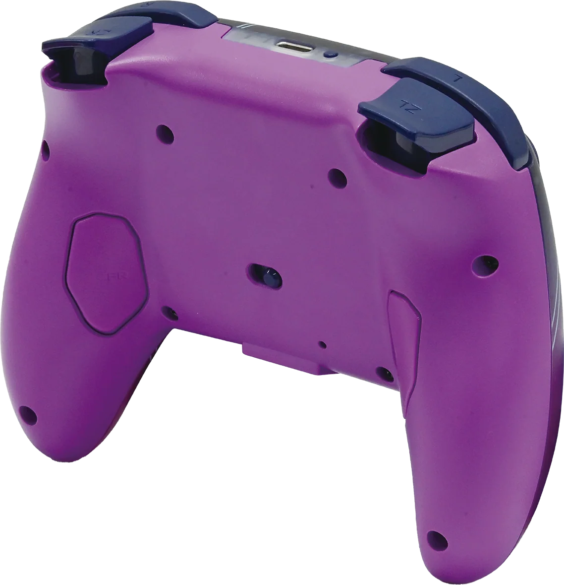 Controller viola con pulsanti blu ed etichette ZL, ZR visibili.